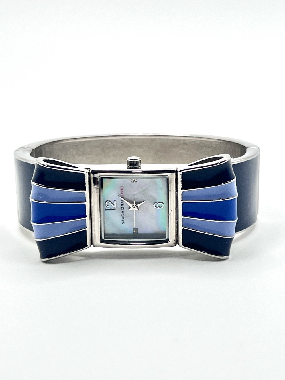 Isaac Mizrahi Silver Tone Blue and Black Bow Bangle Cuff Watch